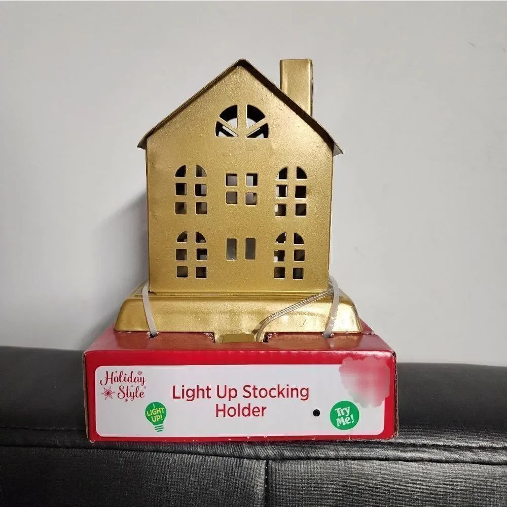 Stocking Holder Gold Metal House Christmas Holiday Light up Holiday Time